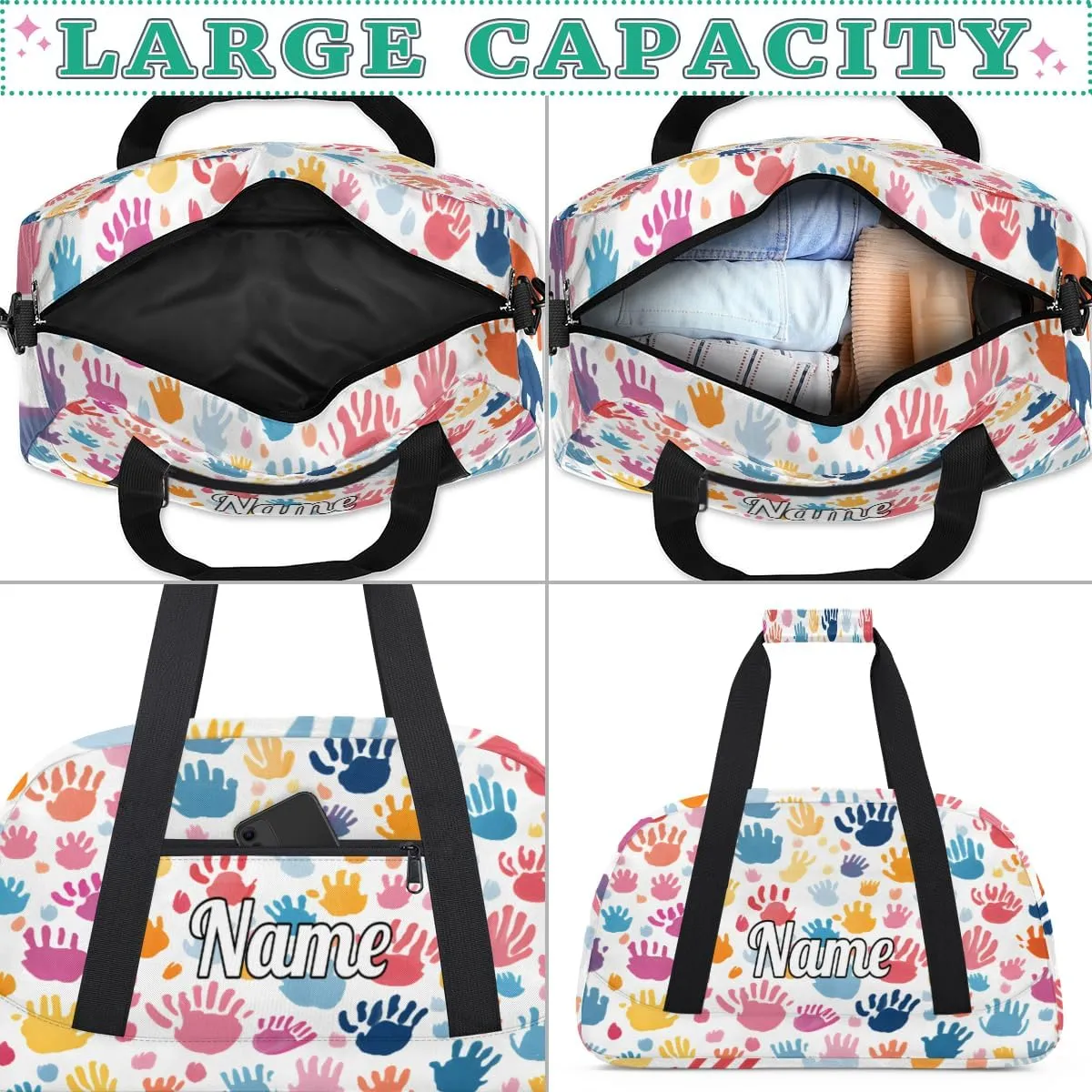 Colorful Fingerprint Cartoon Print Personalized Kids Gym Bag Custom Dance Bag with Name Sport Duffel Bag for Girls Boys Weekender Overnight Travel Bag