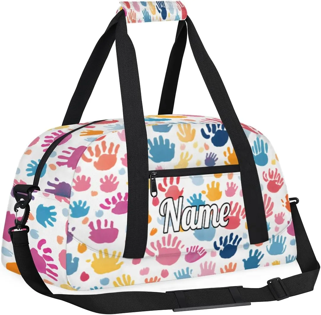Colorful Fingerprint Cartoon Print Personalized Kids Gym Bag Custom Dance Bag with Name Sport Duffel Bag for Girls Boys Weekender Overnight Travel Bag