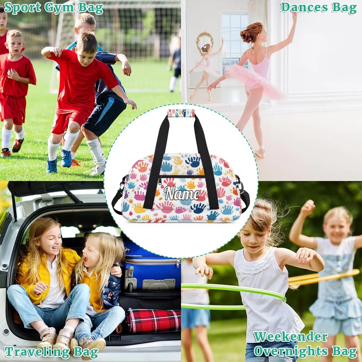Colorful Fingerprint Cartoon Print Personalized Kids Gym Bag Custom Dance Bag with Name Sport Duffel Bag for Girls Boys Weekender Overnight Travel Bag
