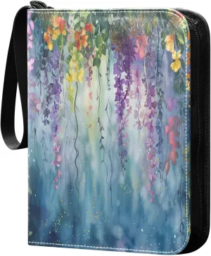 Colorful Flower Painting Card Binder 4-Pocket, 400 Pockets Trading Cards Holder Games Card Albums Storage Organizer Case for Football, Baseball Cards