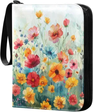 Colorful Flowers Card Binder 4-Pocket, 400 Pockets Trading Cards Holder Games Card Albums Storage Organizer Case for Football, Baseball Cards