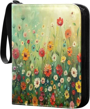 Colorful Flowers Painting Card Binder 4-Pocket, 400 Pockets Trading Cards Holder Games Card Albums Storage Organizer Case for Football, Baseball Cards