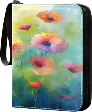 Colorful Flowers Painting Card Binder 4-Pocket, 400 Pockets Trading Cards Holder Games Card Albums Storage Organizer Case for Football, Baseball Cards