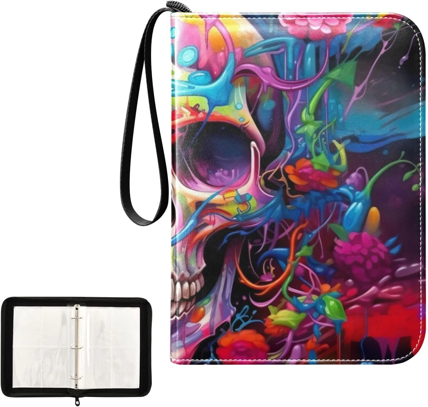 Colorful Skull Card Binder 4-Pocket, 400 Pockets Trading Cards Holder Games Card Albums Storage Organizer Case for Football, Baseball Cards