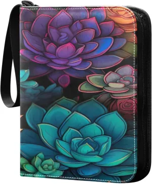 Colorful Succulents Card Binder 4-Pocket, 400 Pockets Trading Cards Holder Games Card Albums Storage Organizer Case for Football, Baseball Cards