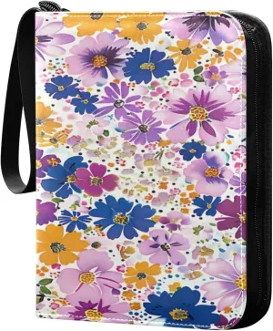 Colorful Watercolor Flowers Card Binder 4-Pocket, 400 Pockets Trading Cards Holder Games Card Albums Storage Organizer Case for Football, Baseball Cards