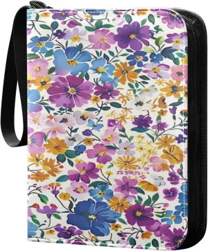 Colorful Watercolor Flowers Card Binder 4-Pocket, 400 Pockets Trading Cards Holder Games Card Albums Storage Organizer Case for Football, Baseball Cards