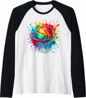 Colorful Basketball Tie Dye Color Splash Hoop Net Slam Dunk Raglan Baseball Tee