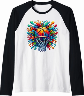 Colorful Basketball Tie Dye Color Splash Hoop Net Slam Dunk Raglan Baseball Tee