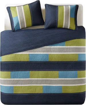 Comfort Spaces CS14-0861 2 Piece Quilt Coverlet Bedspread All Season Lightweight Hypoallergenic Pipeline Colorblock Kids Bedding Set, Twin/Twin XL, Pierre Navy/Blue Stripe