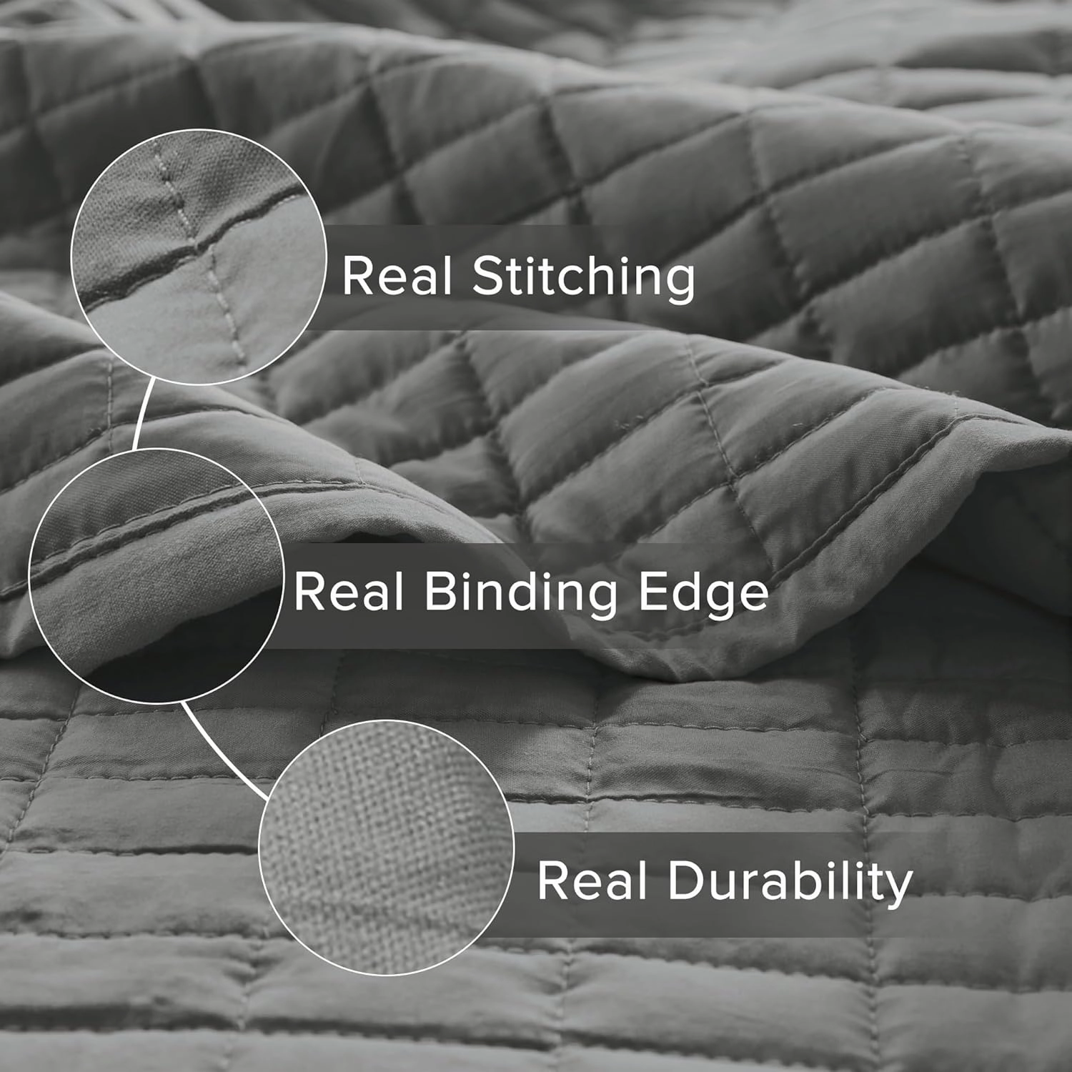 Comfort Spaces Kienna Quilt Set-Luxury Double Sided Stitching Design Summer Blanket, Lightweight, Soft, All Season Bedding Layer, Matching Sham, Charcoal, Coverlet Twin/Twin XL(66"x90") 2 Piece