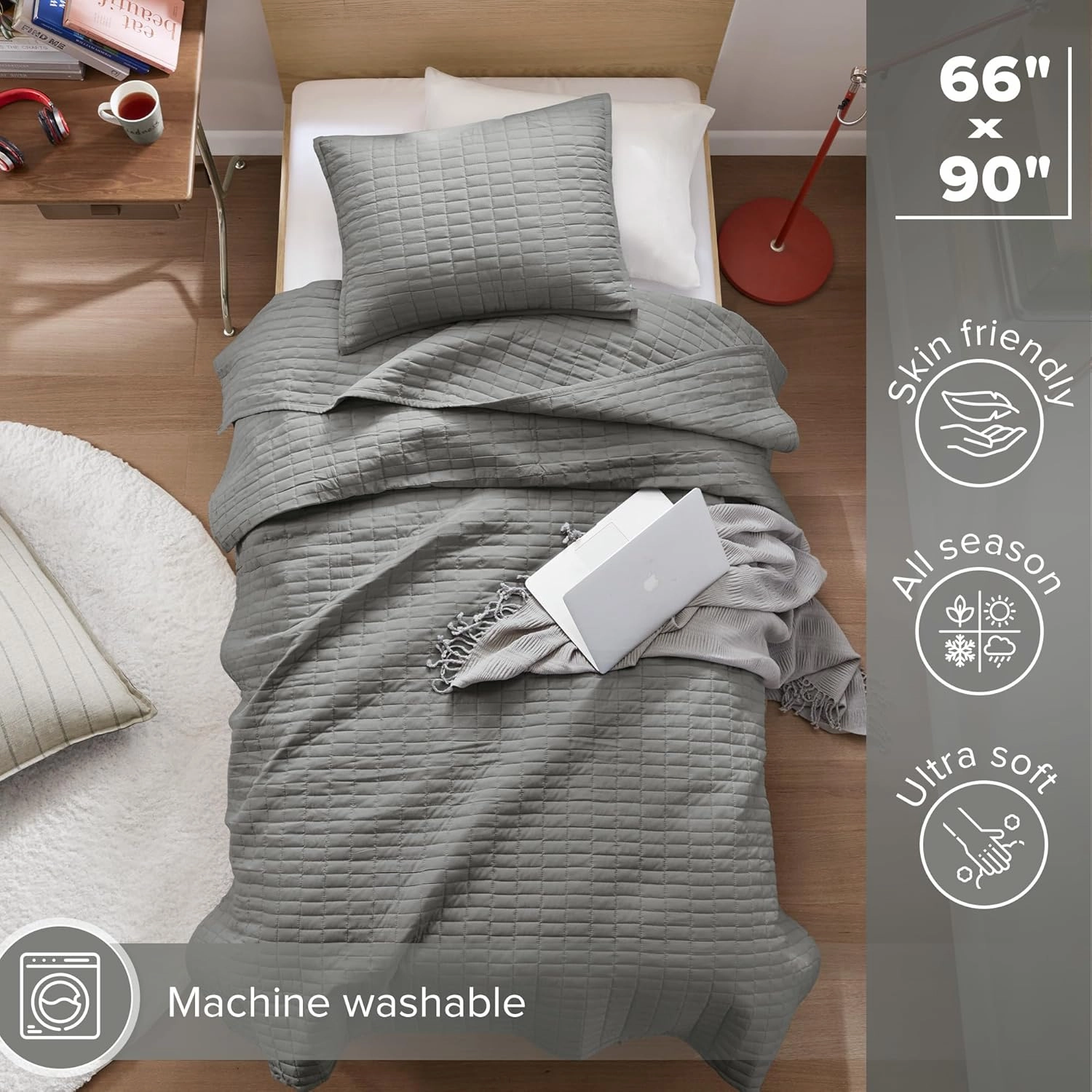 Comfort Spaces Kienna Quilt Set-Luxury Double Sided Stitching Design Summer Blanket, Lightweight, Soft, All Season Bedding Layer, Matching Sham, Charcoal, Coverlet Twin/Twin XL(66"x90") 2 Piece