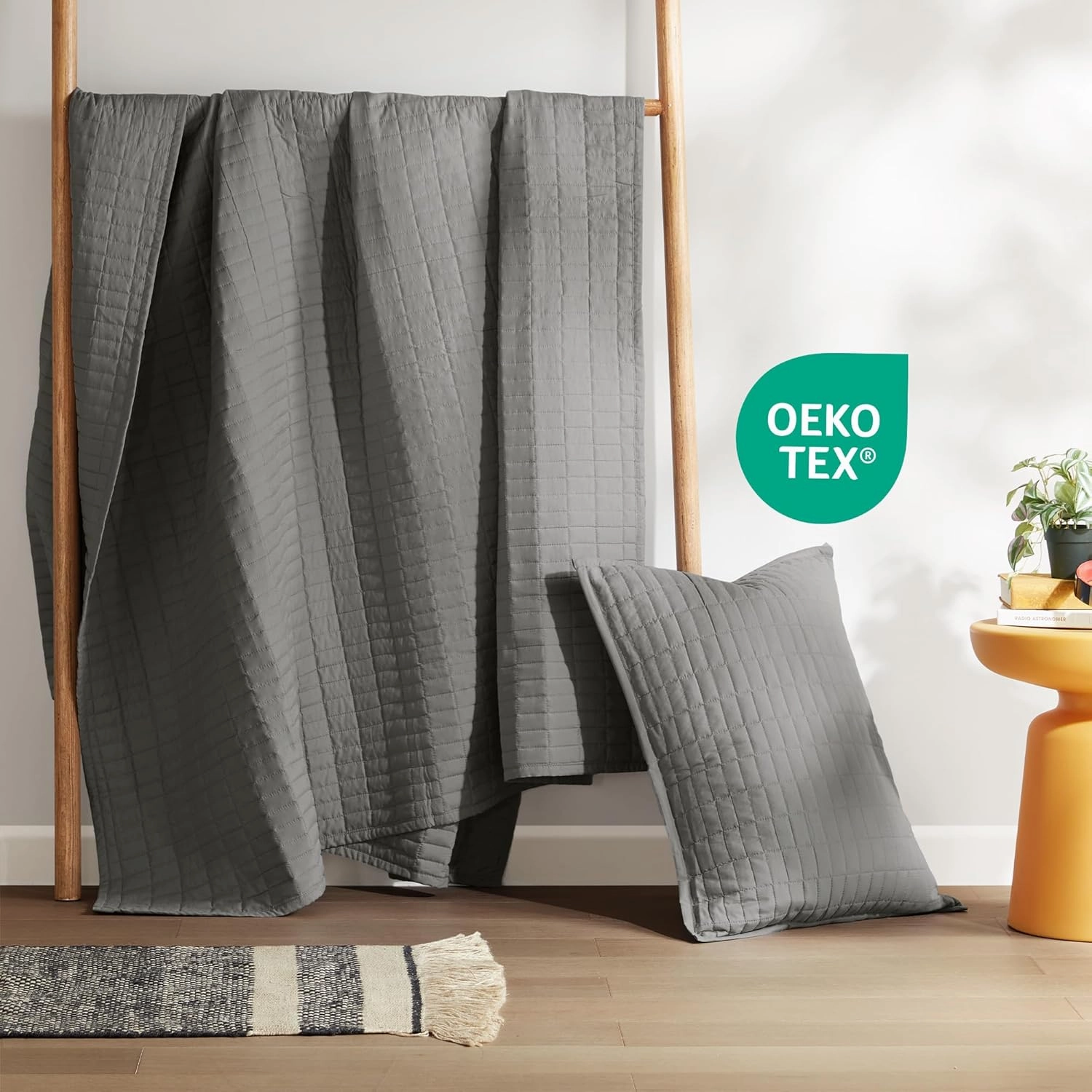 Comfort Spaces Kienna Quilt Set-Luxury Double Sided Stitching Design Summer Blanket, Lightweight, Soft, All Season Bedding Layer, Matching Sham, Charcoal, Coverlet Twin/Twin XL(66"x90") 2 Piece