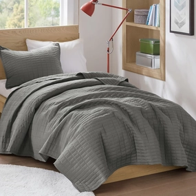 Comfort Spaces Kienna Quilt Set-Luxury Double Sided Stitching Design Summer Blanket, Lightweight, Soft, All Season Bedding Layer, Matching Sham, Charcoal, Coverlet Twin/Twin XL(66"x90") 2 Piece