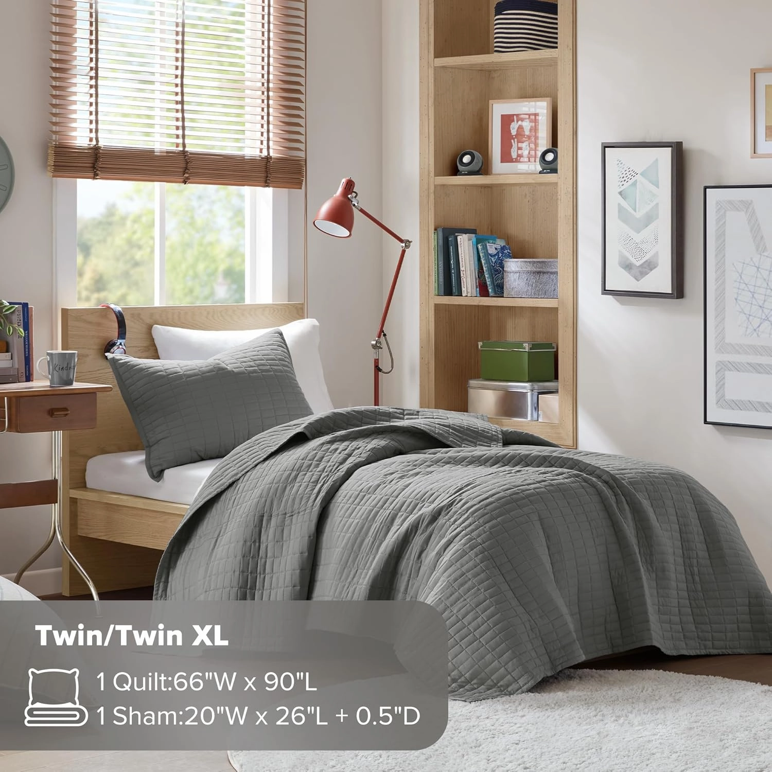 Comfort Spaces Kienna Quilt Set-Luxury Double Sided Stitching Design Summer Blanket, Lightweight, Soft, All Season Bedding Layer, Matching Sham, Charcoal, Coverlet Twin/Twin XL(66"x90") 2 Piece