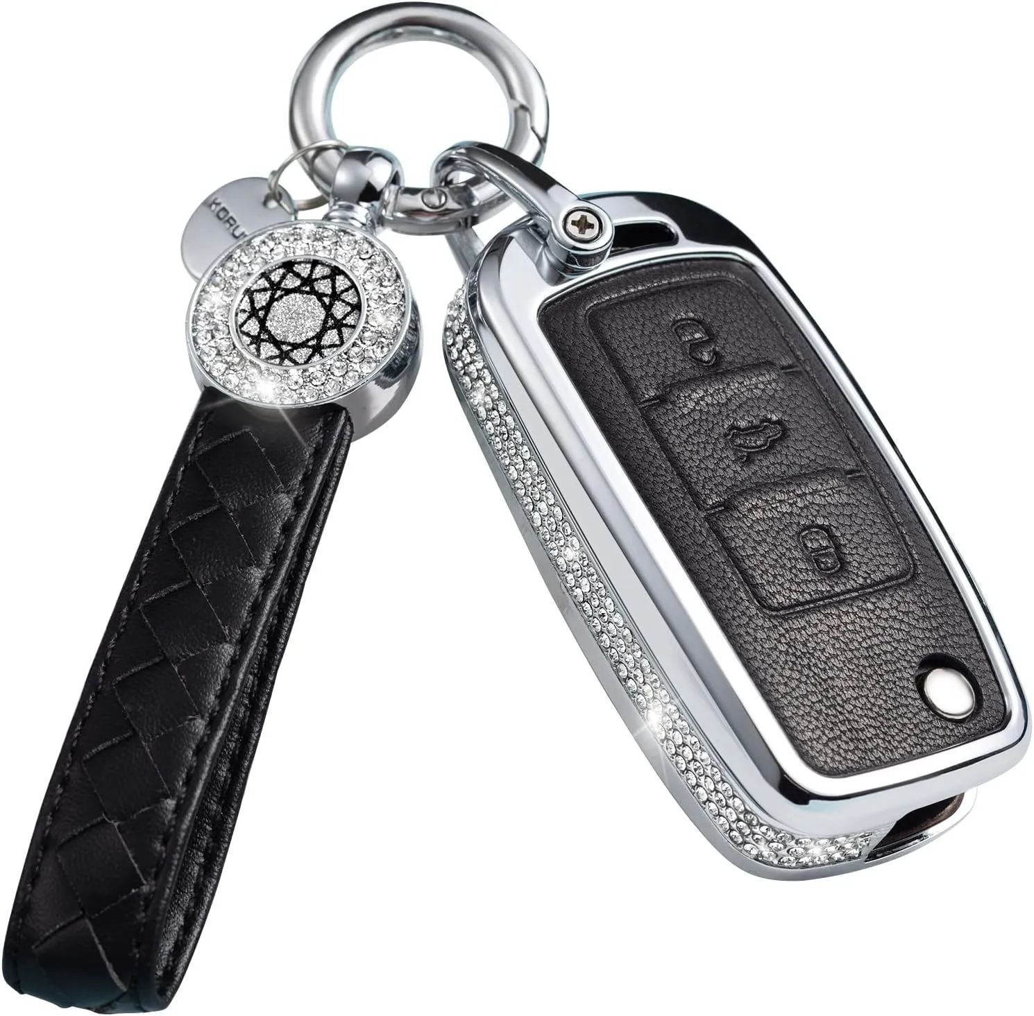 Compatible VW Volkswagen Key Fob Cover with Keychain, Genuine Leather Crystal Case Protector for VW Jetta Golf Polo MK6 Passat Tiguan Beetle Smart Key (Black)