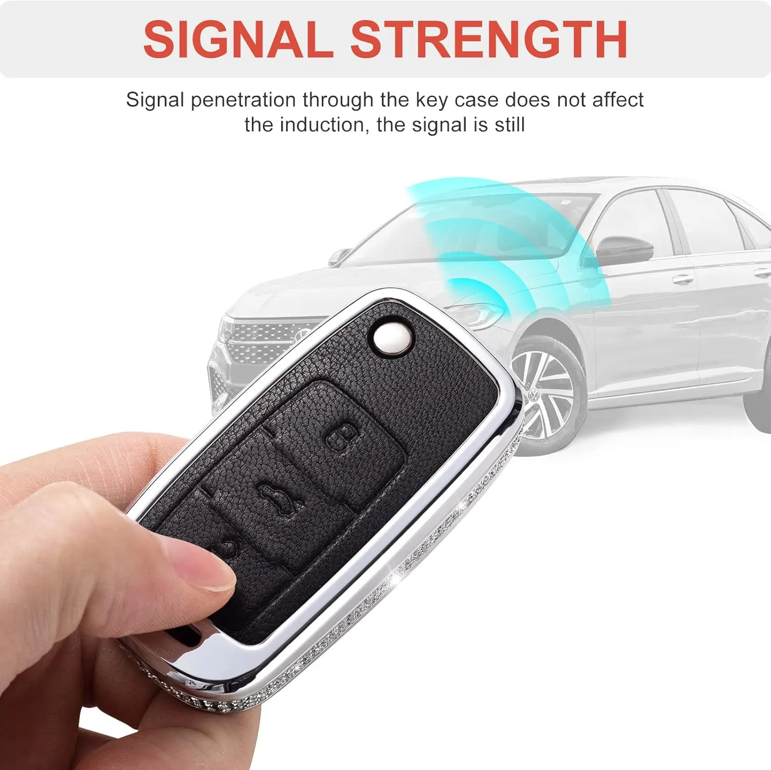 Compatible VW Volkswagen Key Fob Cover with Keychain, Genuine Leather Crystal Case Protector for VW Jetta Golf Polo MK6 Passat Tiguan Beetle Smart Key (Black)