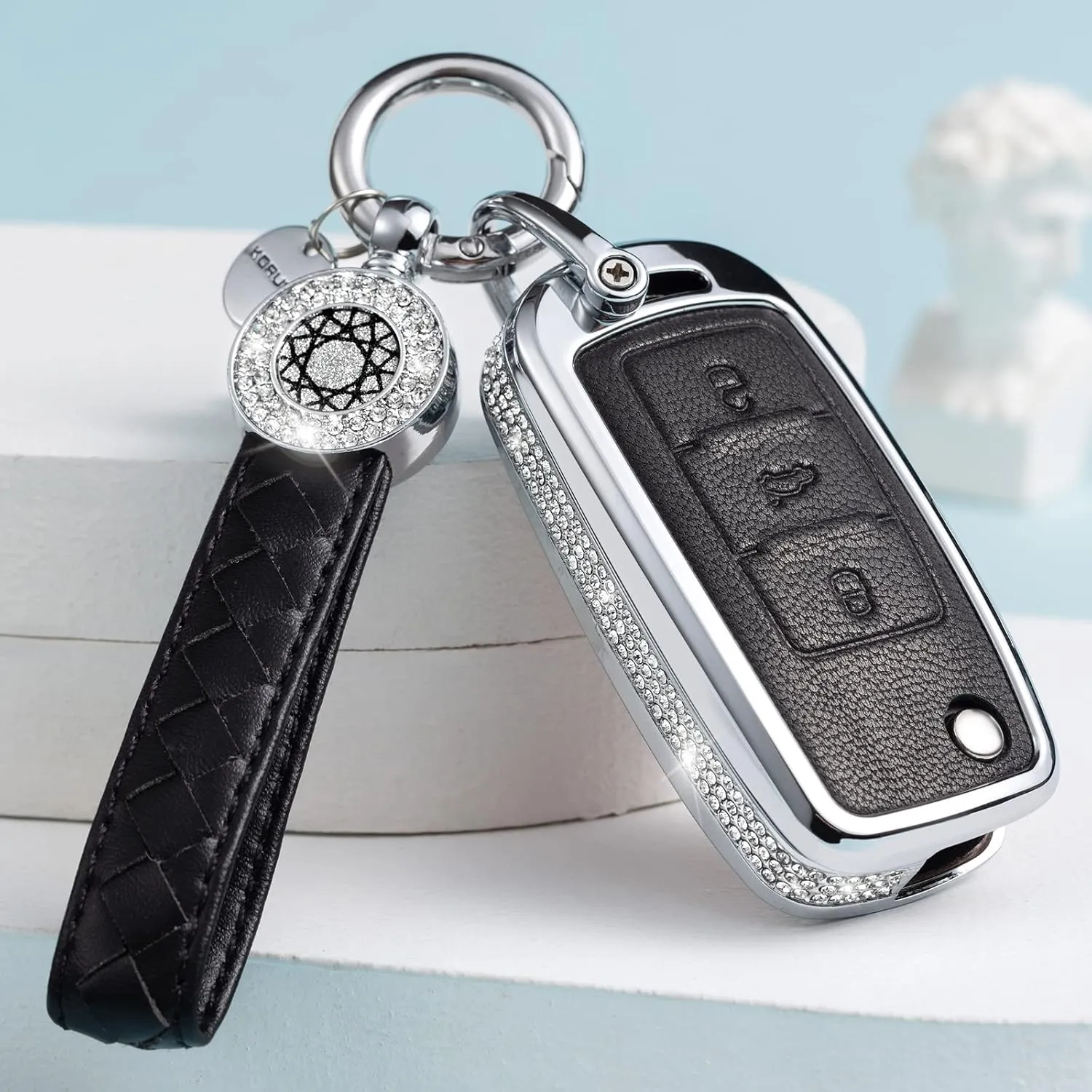 Compatible VW Volkswagen Key Fob Cover with Keychain, Genuine Leather Crystal Case Protector for VW Jetta Golf Polo MK6 Passat Tiguan Beetle Smart Key (Black)