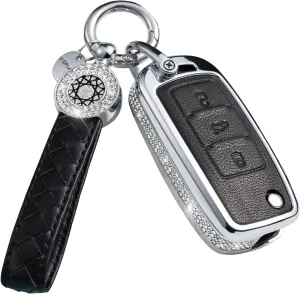 Compatible VW Volkswagen Key Fob Cover with Keychain, Genuine Leather Crystal Case Protector for VW Jetta Golf Polo MK6 Passat Tiguan Beetle Smart Key (Black)