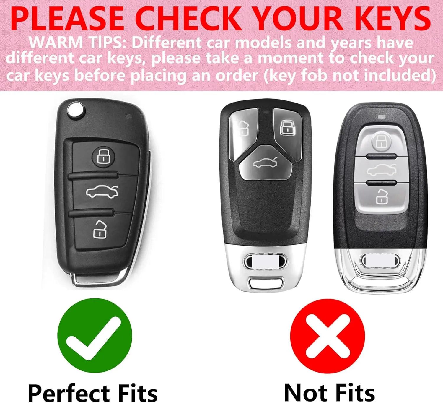 Compatible with Audi Key Fob Cover with Heart Keychain, Girly Soft TPU Car Key Shell Case for Women, Compatible with Audi A1 A3 Q3 Q7 R8 A6L TT Smart Remote Key Protector (3 Buttons-Pink)