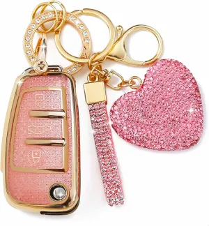 Compatible with Audi Key Fob Cover with Heart Keychain, Girly Soft TPU Car Key Shell Case for Women, Compatible with Audi A1 A3 Q3 Q7 R8 A6L TT Smart Remote Key Protector (3 Buttons-Pink)