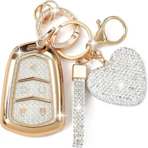 Compatible with Cadillac Key Fob Cover with Heart Keychain for Women, Compatible with Cadillac Escalade ATS CTS STS SRX XT5 CT6 Smart Remote Key Protector (5 Buttons-Silver)