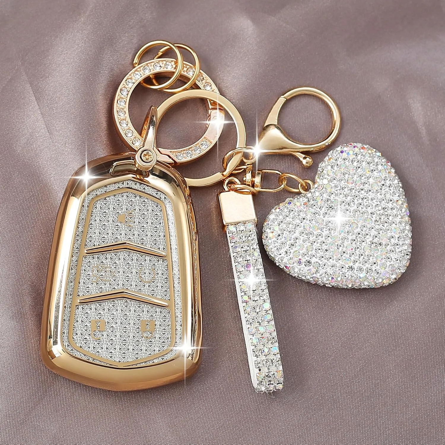 Compatible with Cadillac Key Fob Cover with Heart Keychain for Women, Compatible with Cadillac Escalade ATS CTS STS SRX XT5 CT6 Smart Remote Key Protector (5 Buttons-Silver)