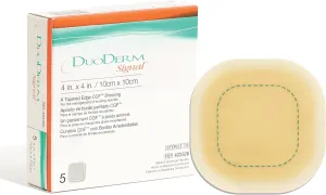 ConvaTec DuoDERM Signal CGF 4"x4" Hydrocolloid Tapered Edge Sterile Adhesive Dressing with Change Indicator for Exuding Wounds, Waterproof, Latex-Free, Flexible, Square, Beige, 5ct Box