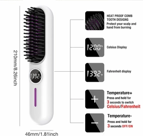Cordless Hair Straightener Portable Travel Straightening Brush USB Rechargeable Mini Hot Ionic Straightener Comb for Women Fast Heating with 7 Temperature Adjustment (White)