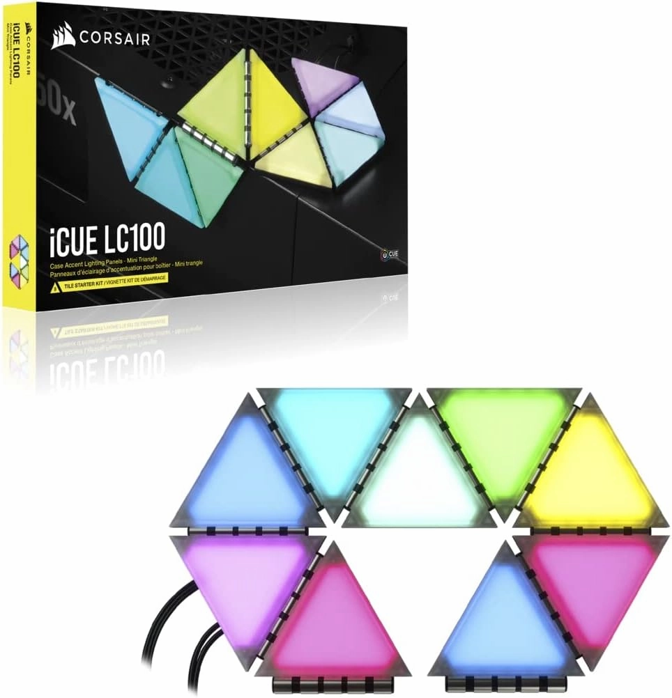 Corsair iCUE LC100 Case Accent Lighting Panels - Mini Triangle - 9X Tile Starter Kit (81 RGB LEDs with Light Diffusion, Simple Magnetic Attachment, iCUE Lighting Node PRO Included)