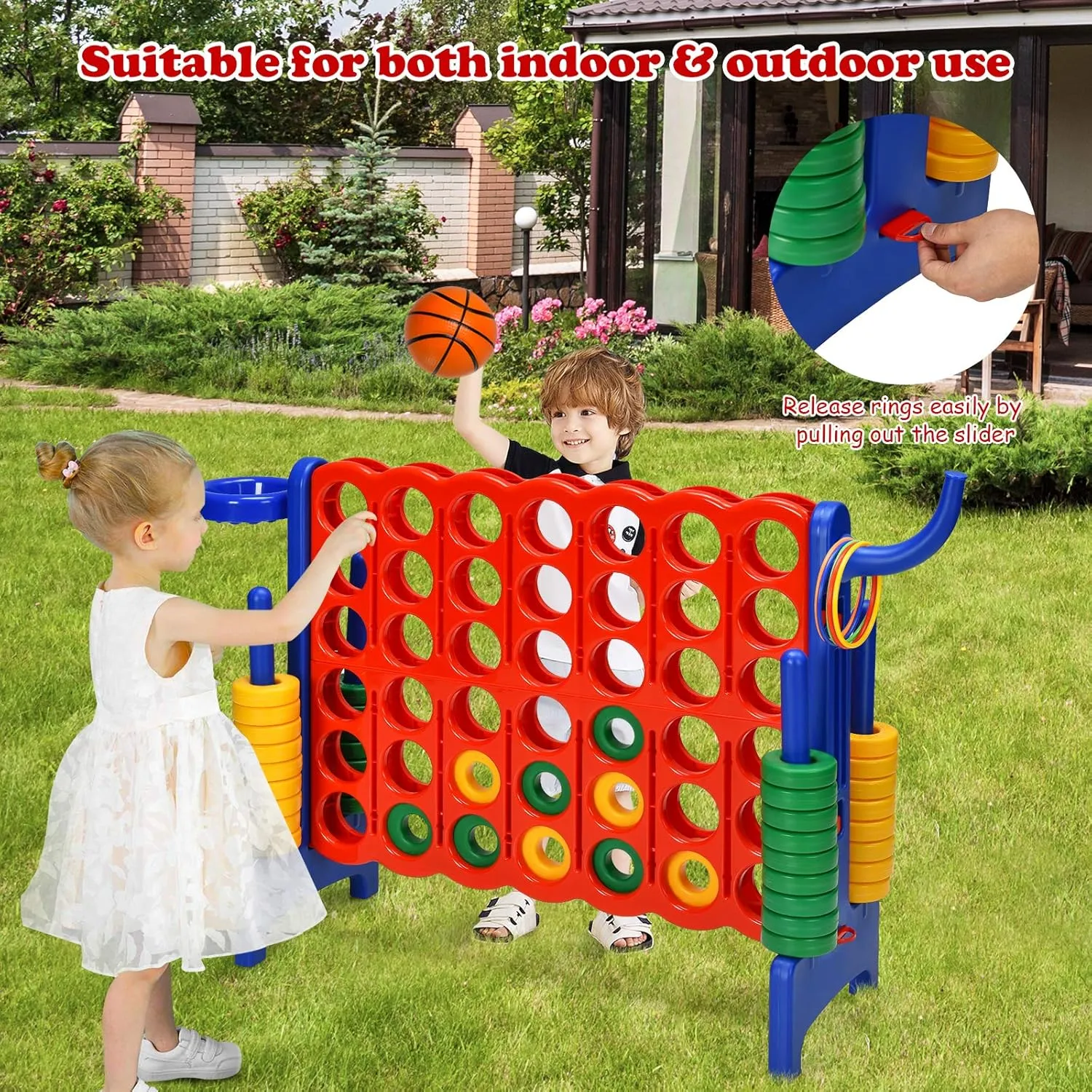 Costzon Giant 4-in-A-Row, Jumbo 4-to-Score Giant Game w/Basketball Hoop, Ring Toss, Quick-Release Slider, 42 Jumbo Rings, Indoor Outdoor Family Connect Game for Kids & Adults, Backyard Games, Blue