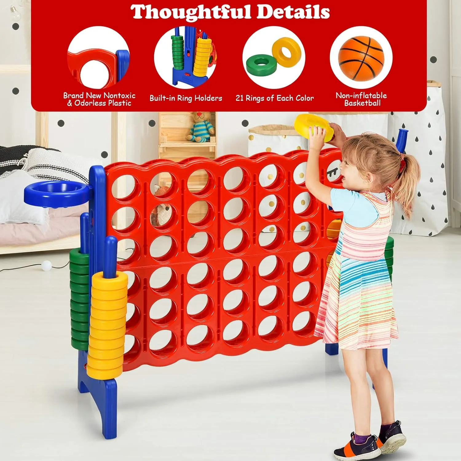 Costzon Giant 4-in-A-Row, Jumbo 4-to-Score Giant Game w/Basketball Hoop, Ring Toss, Quick-Release Slider, 42 Jumbo Rings, Indoor Outdoor Family Connect Game for Kids & Adults, Backyard Games, Blue