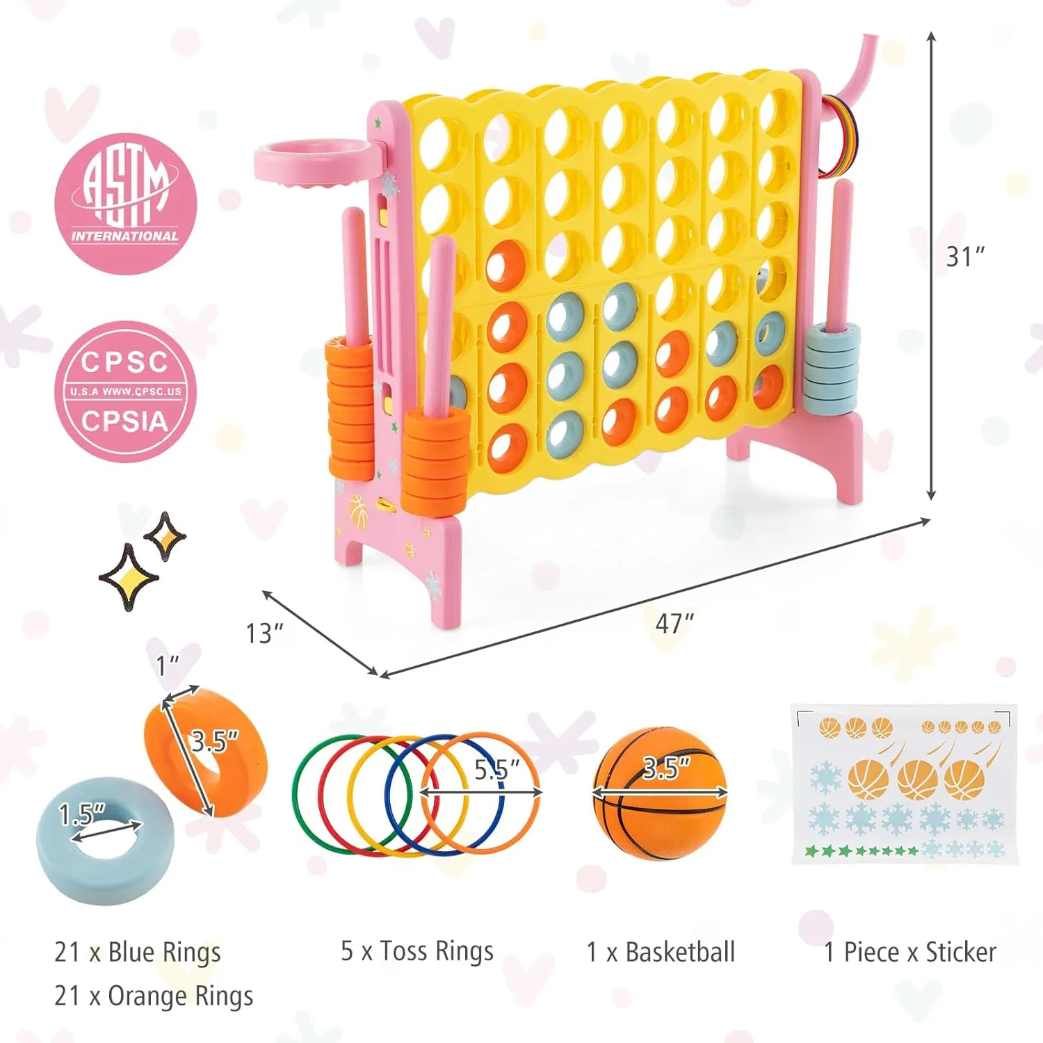 Costzon Giant 4-in-A-Row, Jumbo 4-to-Score Giant Game w/Basketball Hoop, Ring Toss, Quick-Release Slider, 42 Jumbo Rings, Indoor Outdoor Family Connect Game for Kids & Adults, Backyard Games