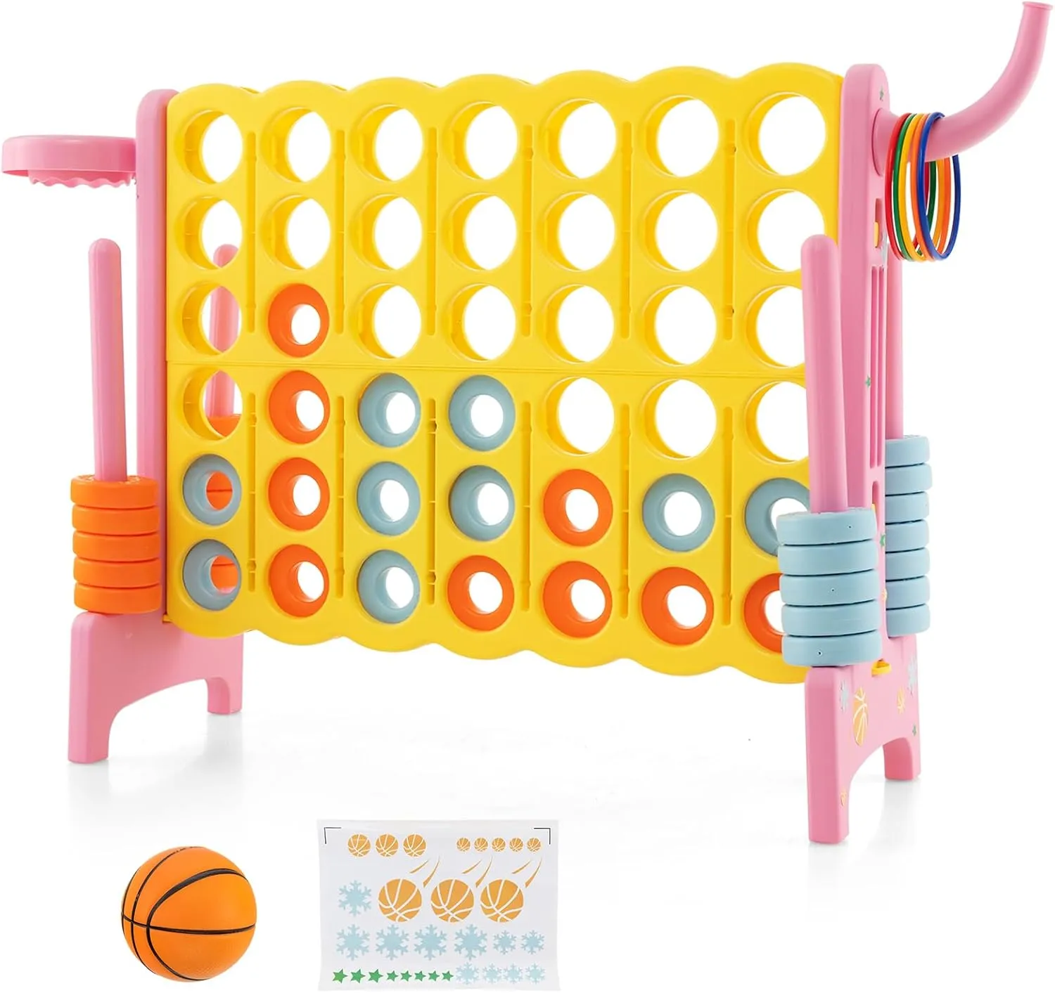 Costzon Giant 4-in-A-Row, Jumbo 4-to-Score Giant Game w/Basketball Hoop, Ring Toss, Quick-Release Slider, 42 Jumbo Rings, Indoor Outdoor Family Connect Game for Kids & Adults, Backyard Games