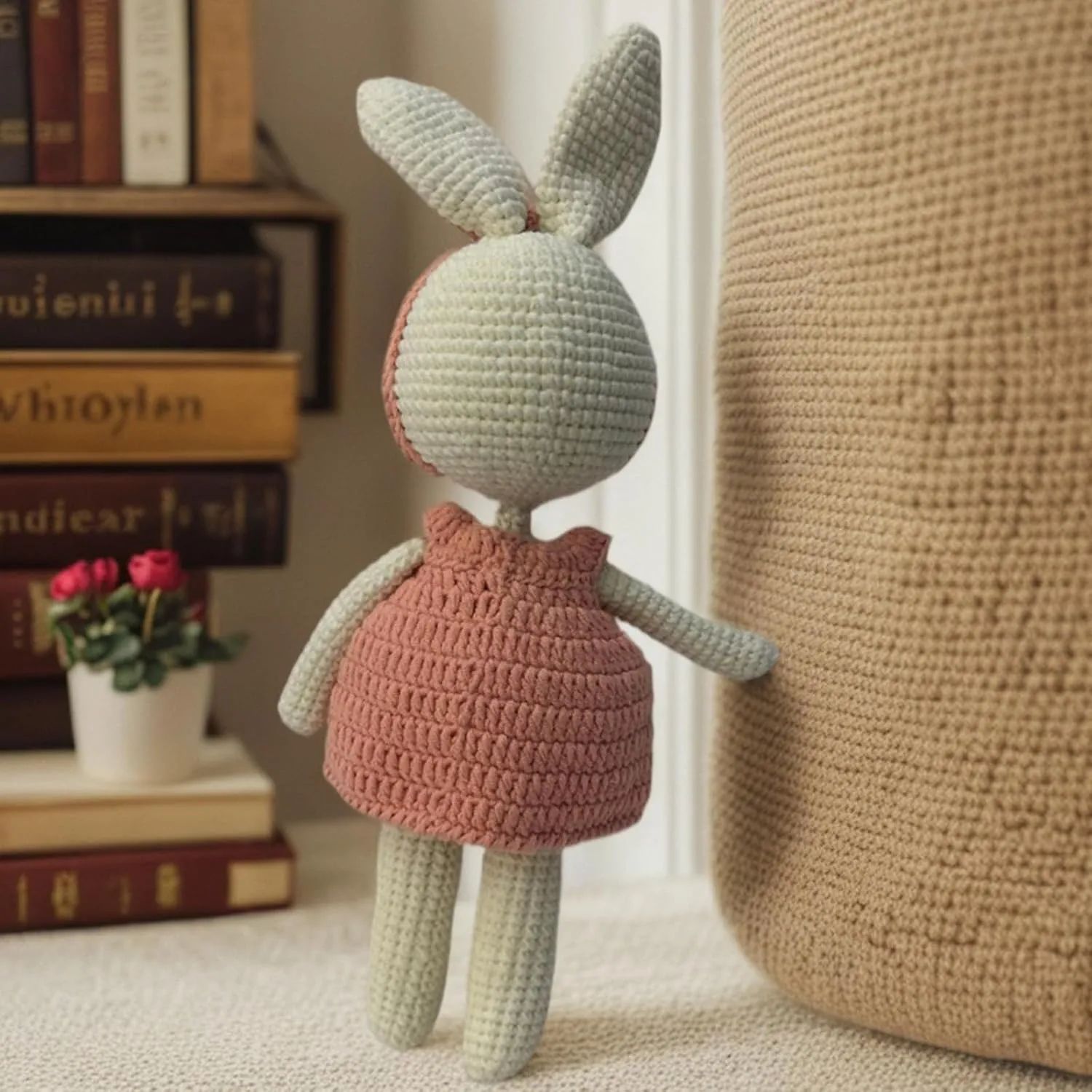 Crochet Baby Stuffed Animal Bunny, Rabbit Handmade Plush Doll Toys with Pink Dress, Stuffed Animal Knitted Doll with Rattle Baby Sleep Toy（11 Inches）