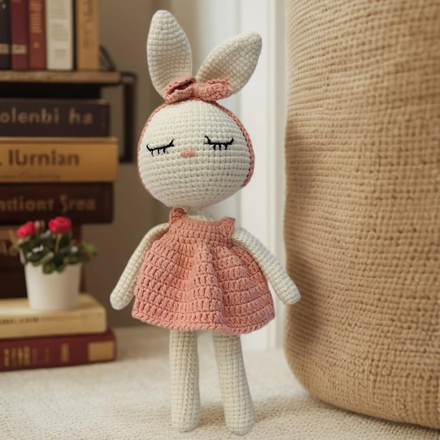 Crochet Baby Stuffed Animal Bunny, Rabbit Handmade Plush Doll Toys with Pink Dress, Stuffed Animal Knitted Doll with Rattle Baby Sleep Toy（11 Inches）