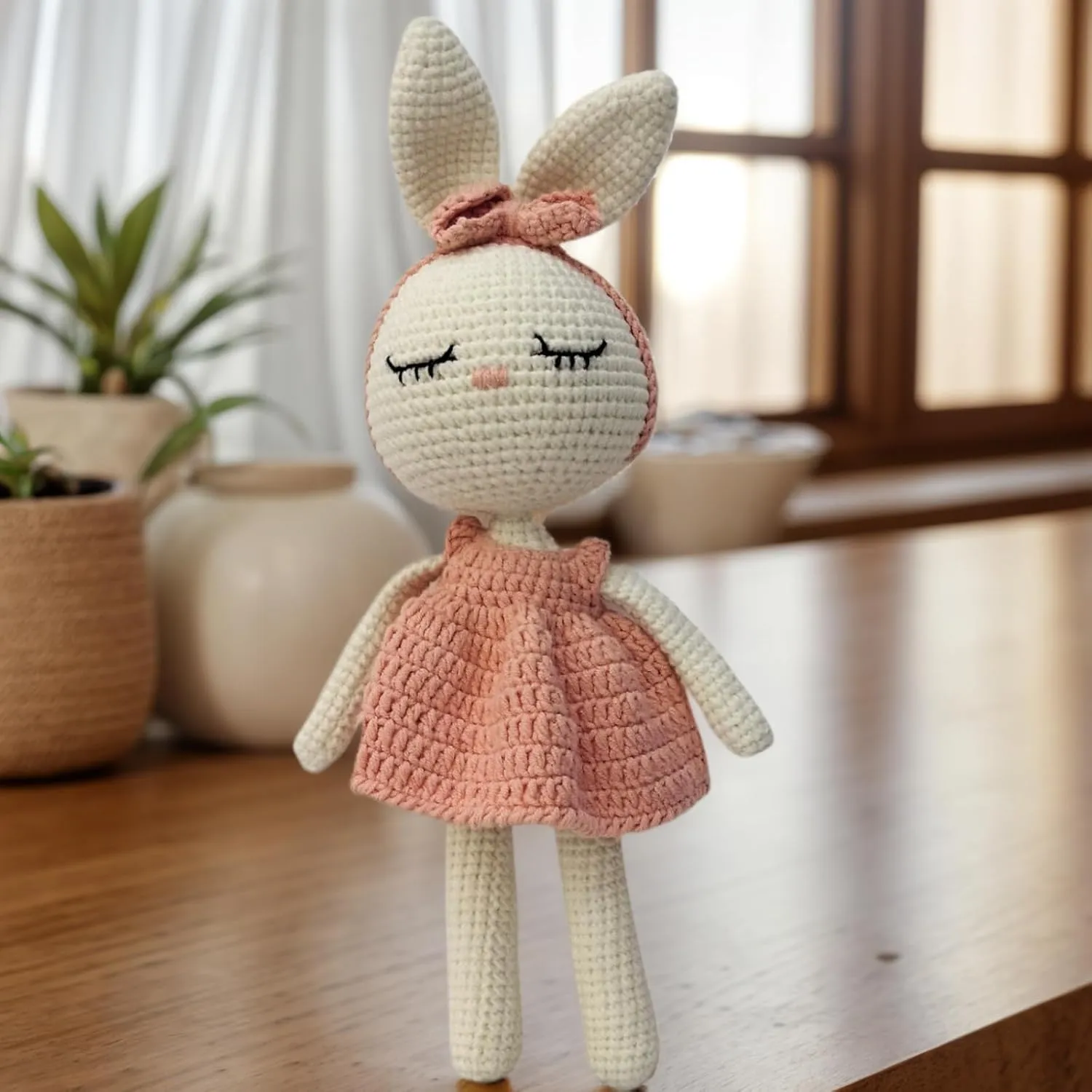 Crochet Baby Stuffed Animal Bunny, Rabbit Handmade Plush Doll Toys with Pink Dress, Stuffed Animal Knitted Doll with Rattle Baby Sleep Toy（11 Inches）