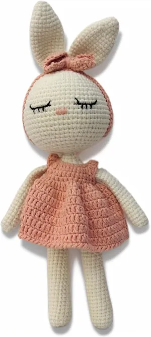 Crochet Baby Stuffed Animal Bunny, Rabbit Handmade Plush Doll Toys with Pink Dress, Stuffed Animal Knitted Doll with Rattle Baby Sleep Toy（11 Inches）