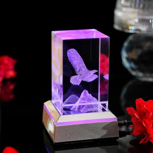 Crystal 3D Engraving Eagle Figurines Paperweight Gifts for Men with Colorful Light Base Eagle Statue Glass Cube Paperweight Decor Birthday Gift for Him Men