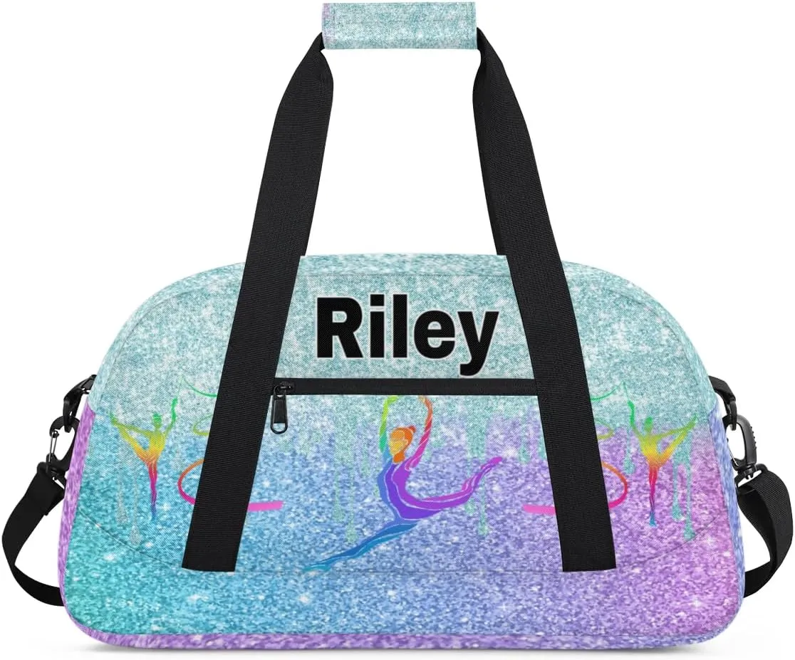 Custom Name Sports Dancing Gym Duffel Bag, Personalized PE Gym Sport Duffel Cheerleading Bag Travel Weekender Tote Carry-On Bag, Light Blue Glittering with Colorful Gym Silhouette