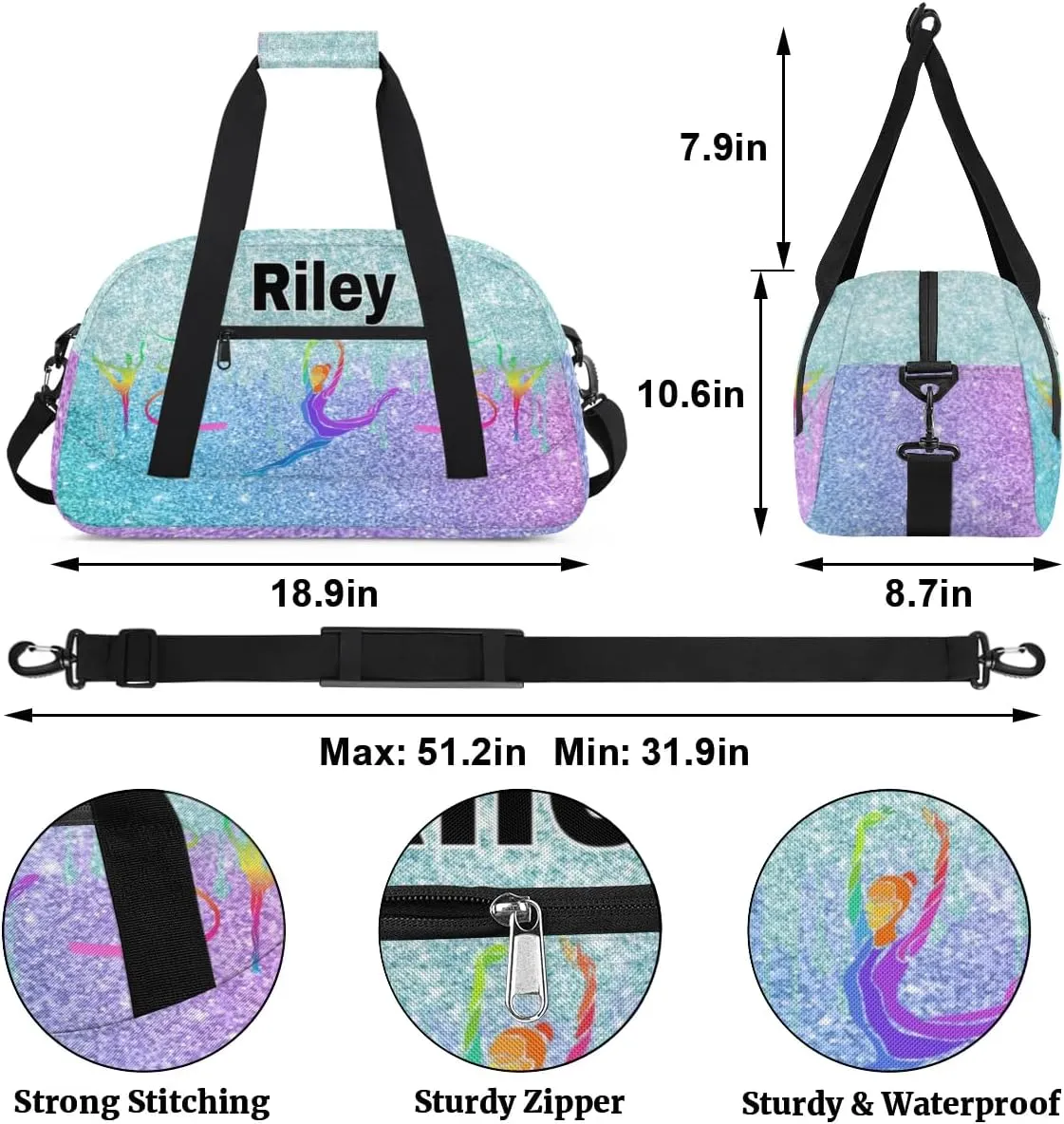 Custom Name Sports Dancing Gym Duffel Bag, Personalized PE Gym Sport Duffel Cheerleading Bag Travel Weekender Tote Carry-On Bag, Light Blue Glittering with Colorful Gym Silhouette
