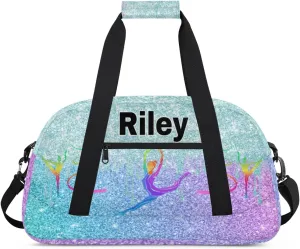 Custom Name Sports Dancing Gym Duffel Bag, Personalized PE Gym Sport Duffel Cheerleading Bag Travel Weekender Tote Carry-On Bag, Light Blue Glittering with Colorful Gym Silhouette