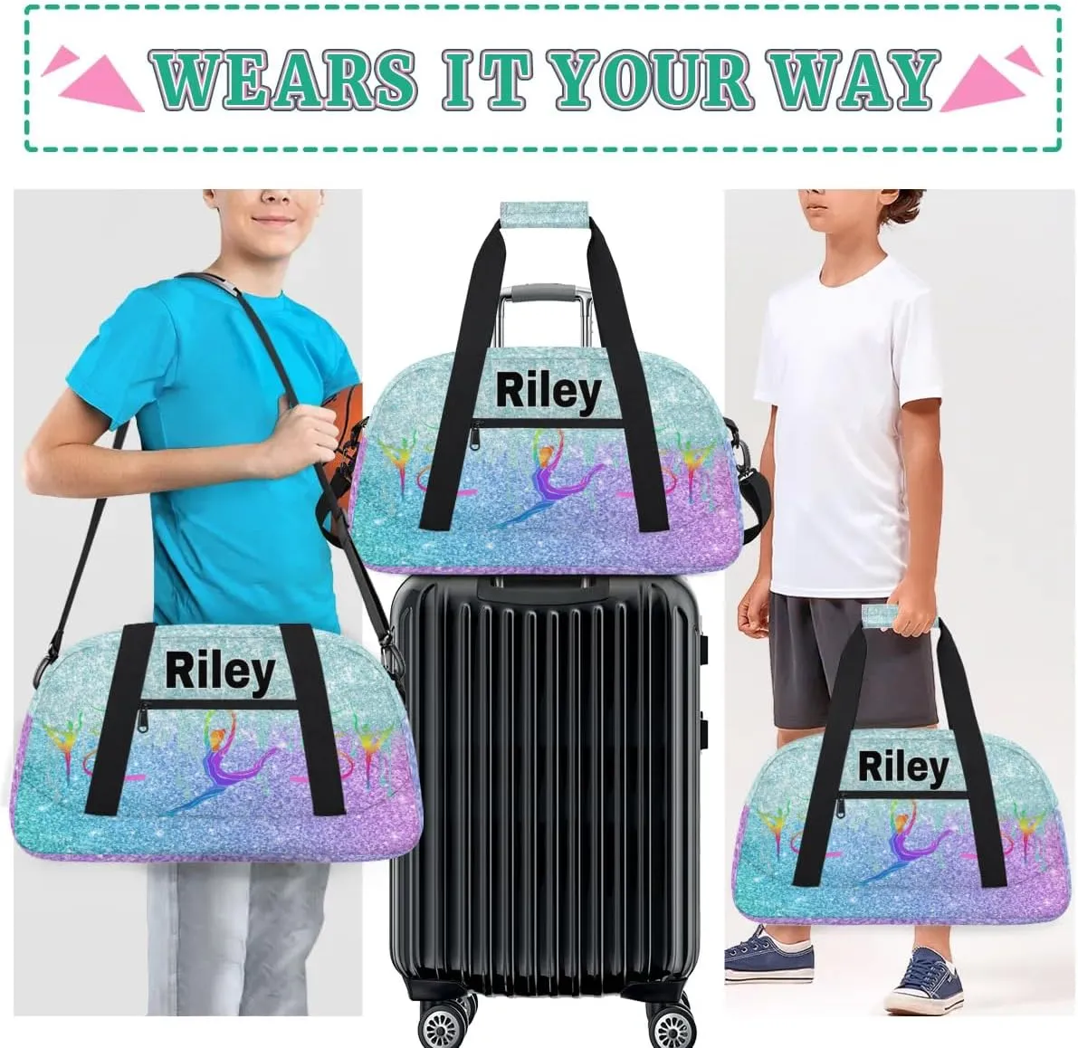 Custom Name Sports Dancing Gym Duffel Bag, Personalized PE Gym Sport Duffel Cheerleading Bag Travel Weekender Tote Carry-On Bag, Light Blue Glittering with Colorful Gym Silhouette