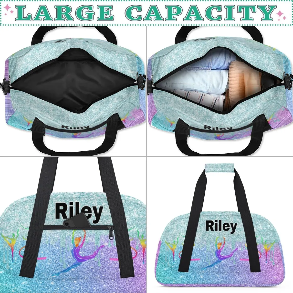 Custom Name Sports Dancing Gym Duffel Bag, Personalized PE Gym Sport Duffel Cheerleading Bag Travel Weekender Tote Carry-On Bag, Light Blue Glittering with Colorful Gym Silhouette