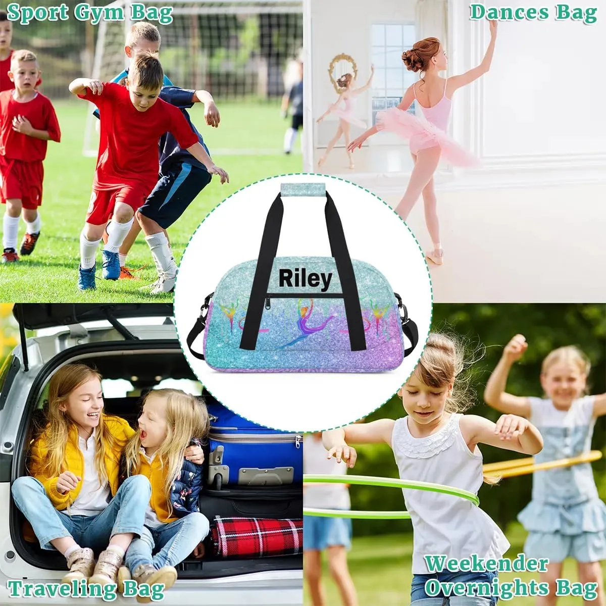 Custom Name Sports Dancing Gym Duffel Bag, Personalized PE Gym Sport Duffel Cheerleading Bag Travel Weekender Tote Carry-On Bag, Light Blue Glittering with Colorful Gym Silhouette