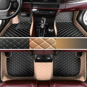 Custom Personalized Floor Mats for Cars - Luxury Full Coverage All Weather Mats, Anti-Slip Leather Mat Set, Fit for 99% of Cars, SUVs & Trucks (Beige&Black Beige, C-Double Color)