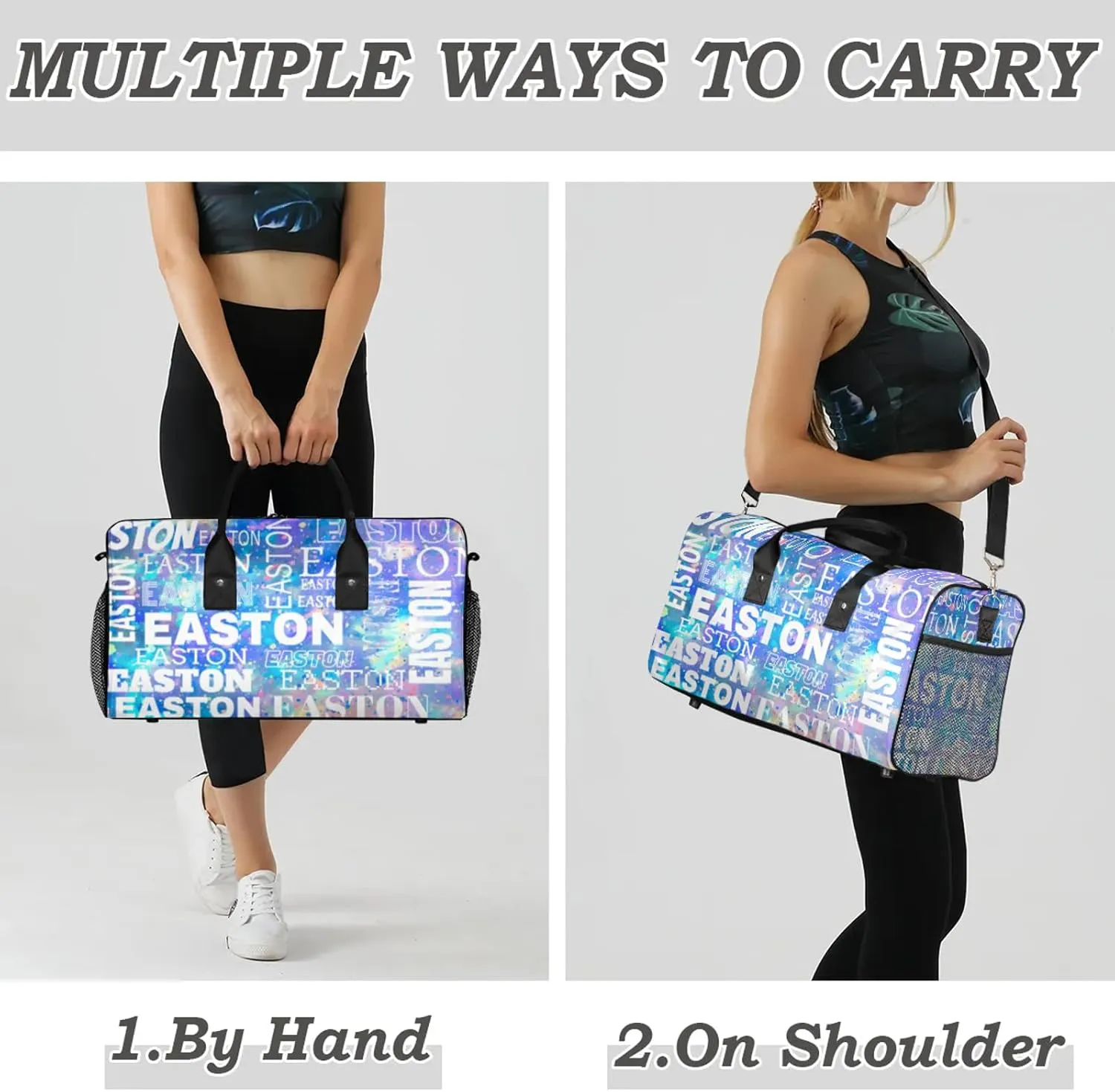 Custom Sport Gym Duffel Bag with Name Personalized Travel Overnight Bag Waterproof Customized Dance Bag Carry-On Tote 17.4in, Colorful Glitter