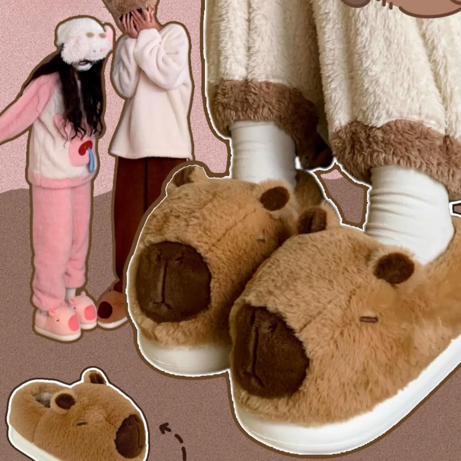Cute Capybara Winter Slippers for Kids and Toddlers, Soft Warm Fleece Cozy Animal Home Shoes