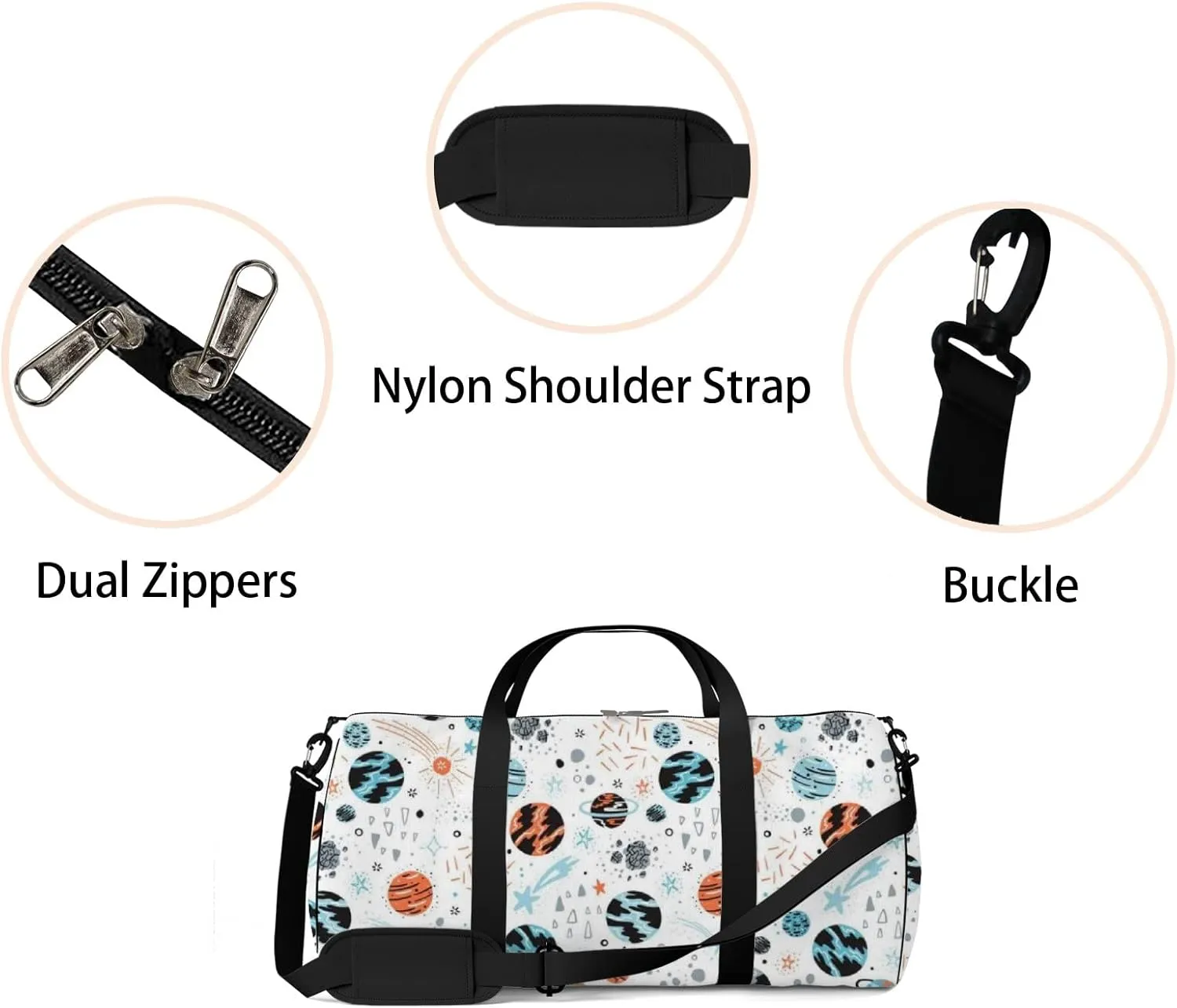 Cute Space Cartoon Colorful Planets Stars Sports Bag Tote Bag Waterproof Gym Bag with Shoulder Strap Zipper 2 Side Pockets for Men and Women, Travel and Storage Shoulder Bag.
