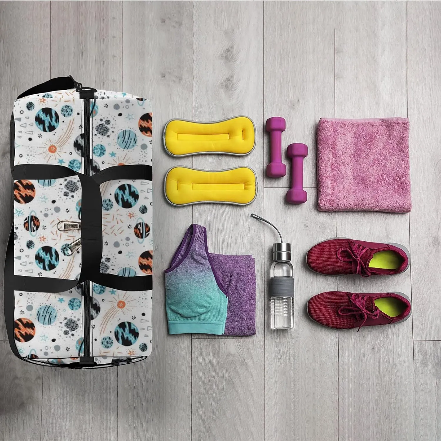 Cute Space Cartoon Colorful Planets Stars Sports Bag Tote Bag Waterproof Gym Bag with Shoulder Strap Zipper 2 Side Pockets for Men and Women, Travel and Storage Shoulder Bag.